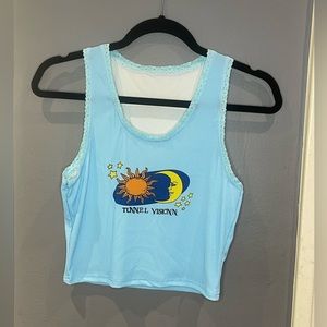 Baby Blue Graphic Print Tank top with Lace Trim